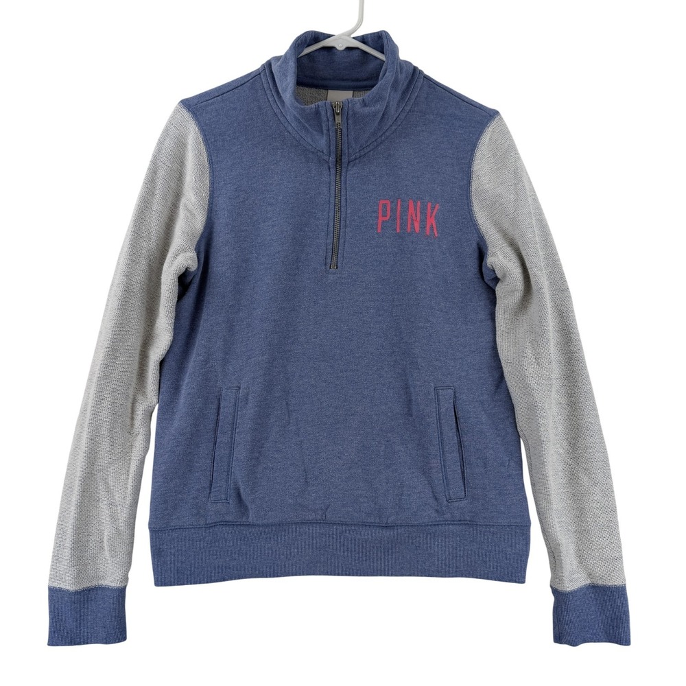 PINK Victoria's Secret Sweatshirt Womens Medium‎ Blue 1/4 Zip Mock Neck Fleece